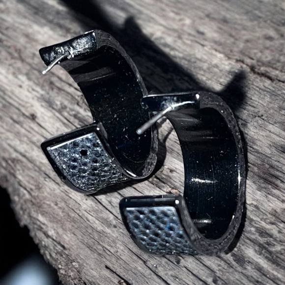 Gunmetal Black Silver Tone Hoop Earrings - Picture 3 of 3